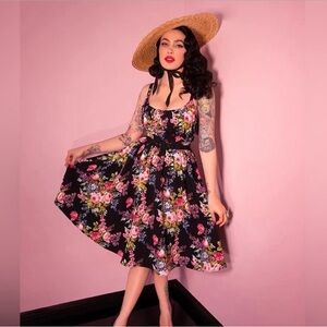 Vixen by Micheline Pitt Black Floral Ingenue Dress XS